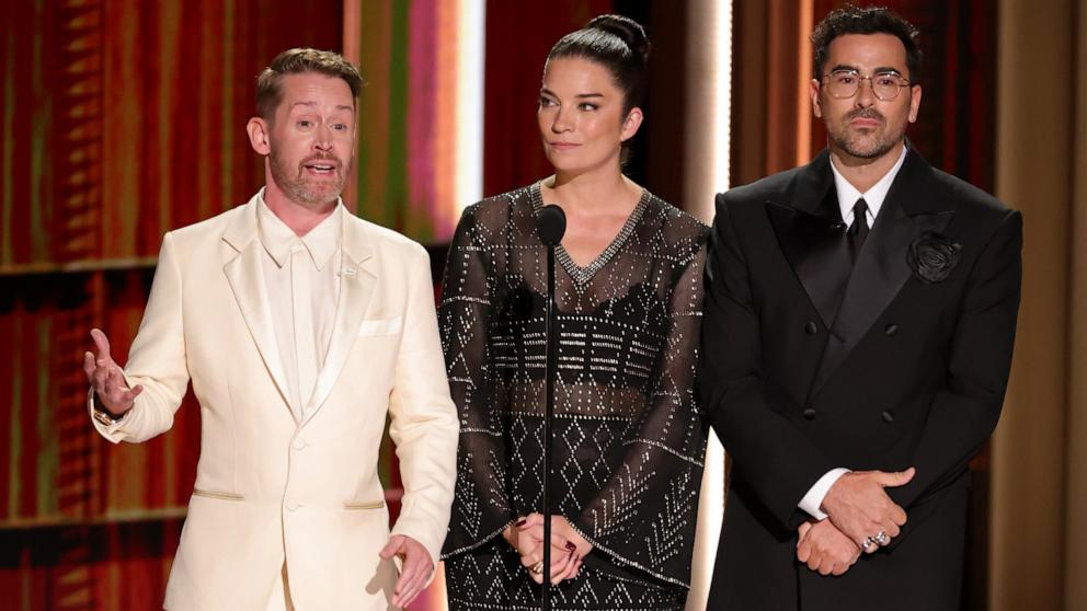 PHOTO: Macaulay Culkin, Annie Murphy, and Dan Levy speak during a tribute to Catherine O'Hara at the 78th Primetime Emmy Awards, September 14, 2026 in Los Angeles.