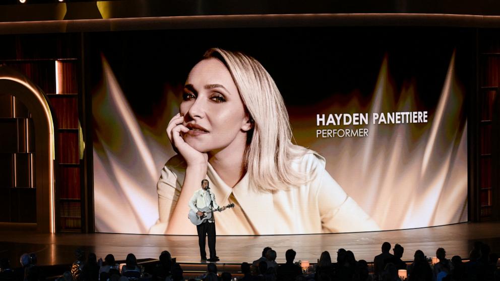 PHOTO: A picture of the late actress Hayden Panettiere is projected on screen as singer Noah Kahan performs during the 78th Primetime Emmy Awards, in Los Angeles, September 14, 2026.