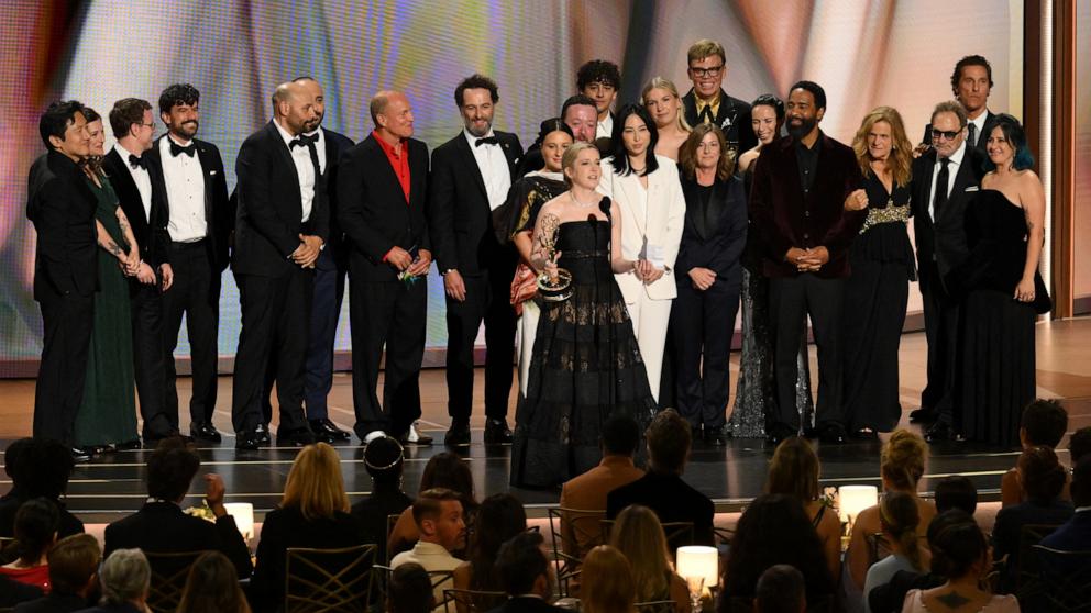 PHOTO: Screenwriter Katie Dippold and members of the cast accepts the award Outstanding Comedy Series for "Widow's Bay" onstage during the 78th Primetime Emmy Awards in Los Angeles, September 14, 2026.