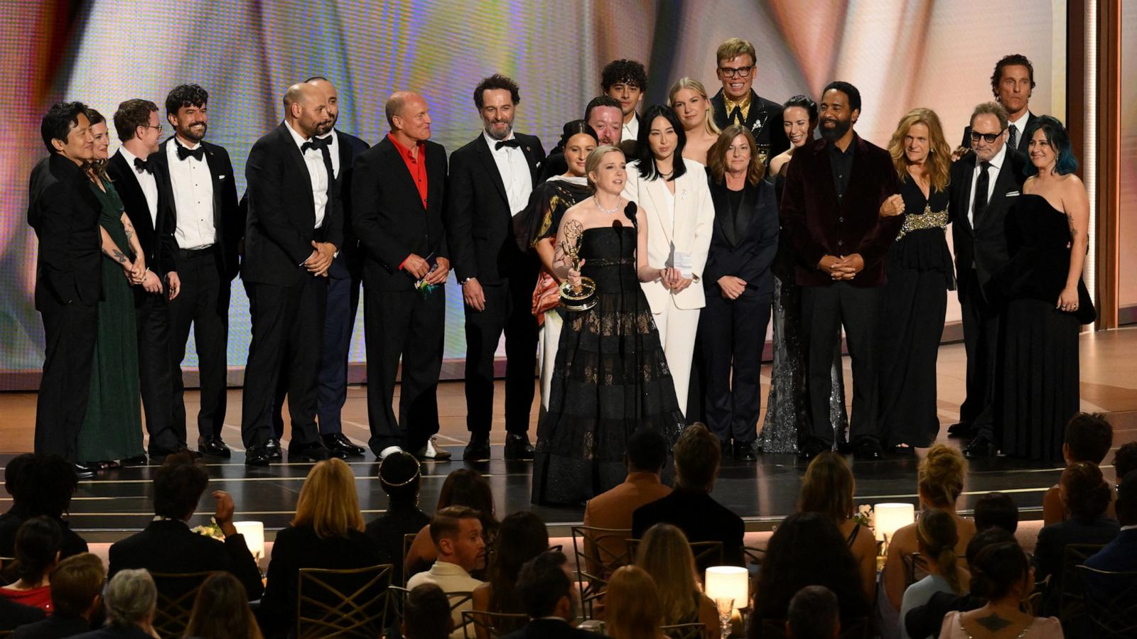 PHOTO: Screenwriter Katie Dippold and members of the cast accepts the award Outstanding Comedy Series for "Widow's Bay" onstage during the 78th Primetime Emmy Awards in Los Angeles, September 14, 2026.