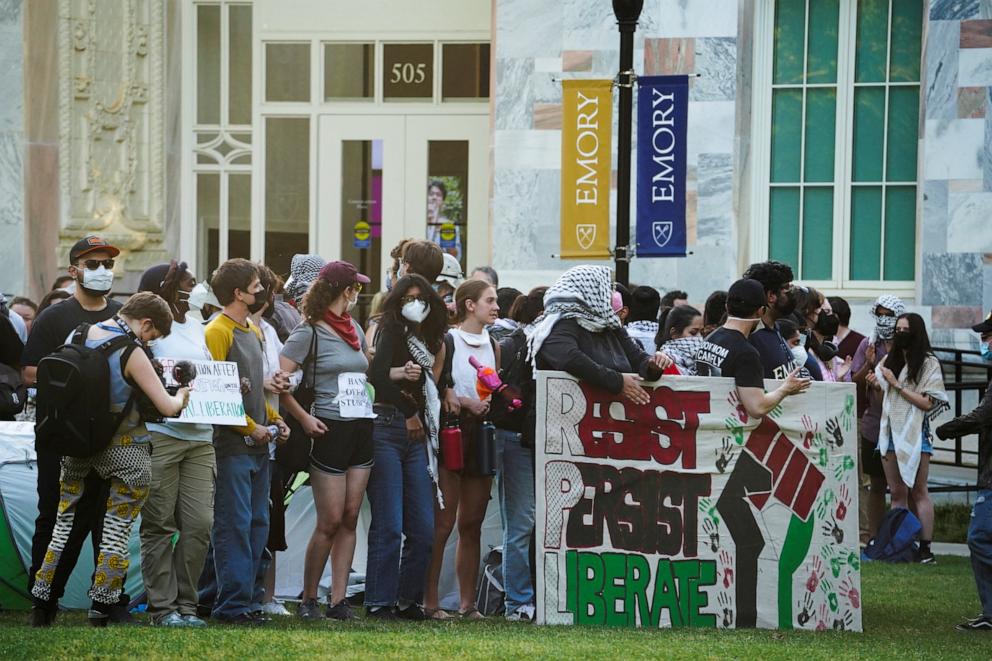 PHOTO: Pro-Palestinian demonstrators gather after students staged a walk out in support of Palestinians at Emory University, during the ongoing conflict between Israel and Hamas, in Atlanta, May 1, 2024.