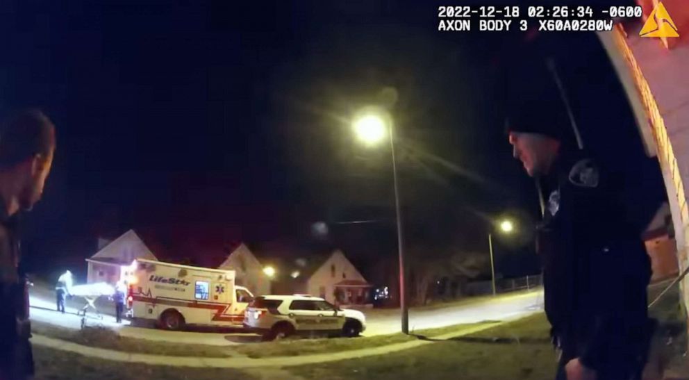 PHOTO: Screen grab of an Officer video that shows the paramedics loading Earl Moore into an ambulance on Dec. 18, 2022, in Springfield, Ill., shared by Sangamon County Government.