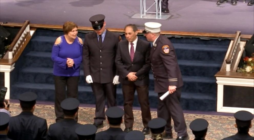 PHOTO: Joseph Bitetto, 22, was reunited with Howard Blanck, the EMT who saved his life when he was born prematurely, during Bitetto's FDNY EMS graduation Jan. 25.