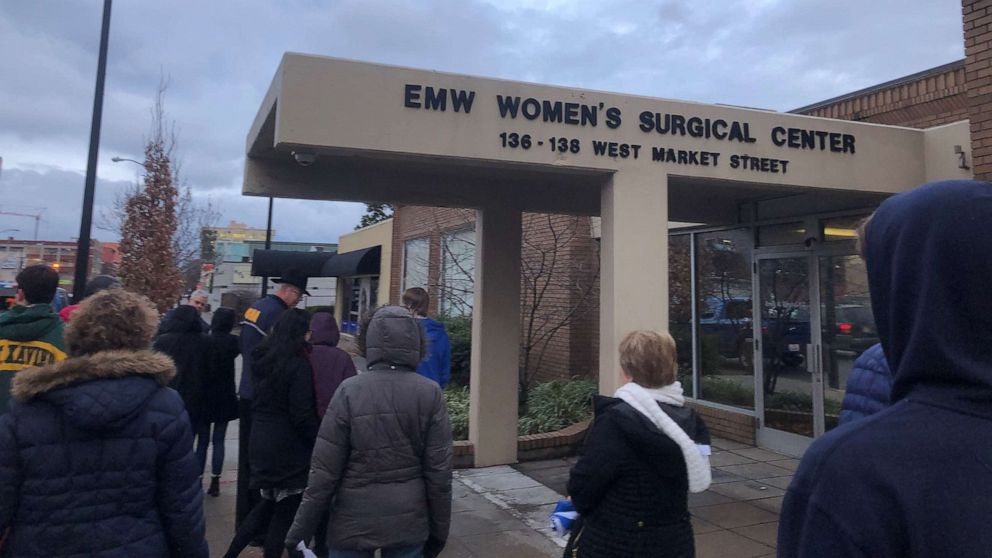 PHOTO: Anti-abortion rights advocates gather outside of the EMW Women's Surgical Center, Kentucky's lone abortion clinic, in Louisville, Jan. 25, 2020.