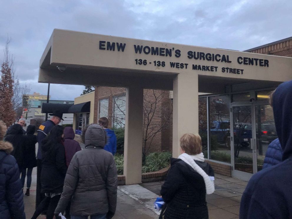 PHOTO: Anti-abortion rights advocates gather outside of the EMW Women's Surgical Center, Kentucky's lone abortion clinic, in Louisville, Jan. 25, 2020.