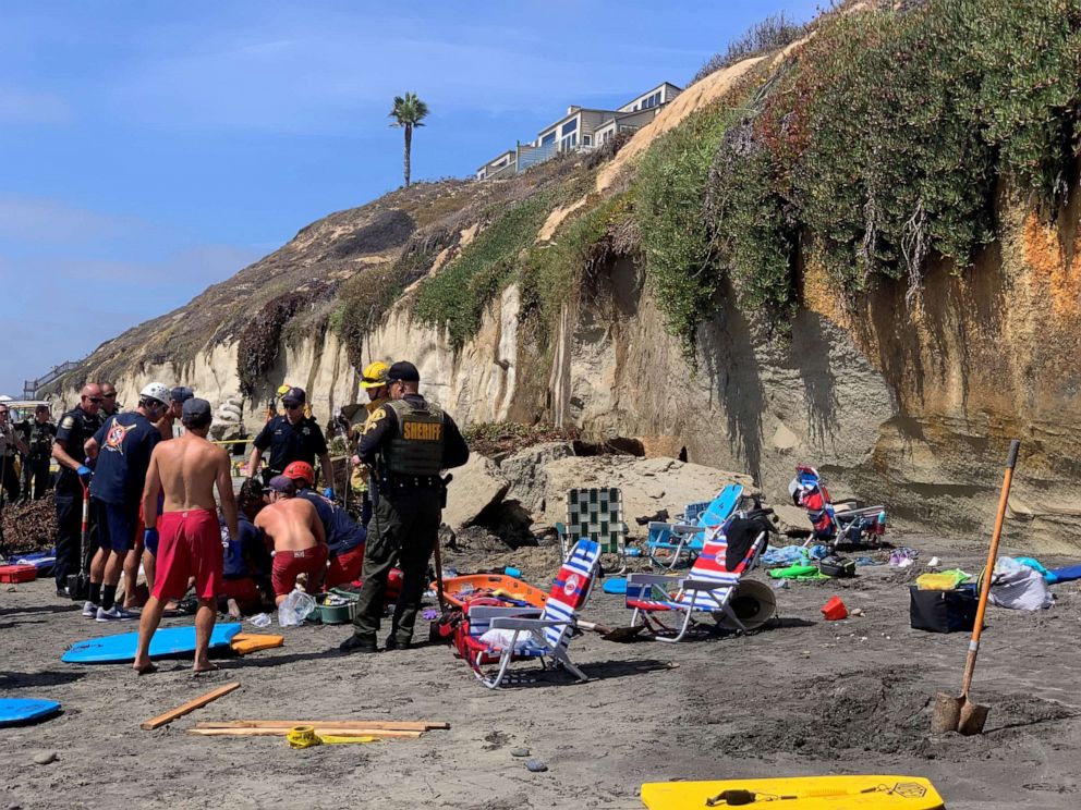 PHOTO: Emergency responders attend to a cliff collapse that has trapped people at a beach in Encinitas, Calif., on Friday, Aug. 2, 2019.