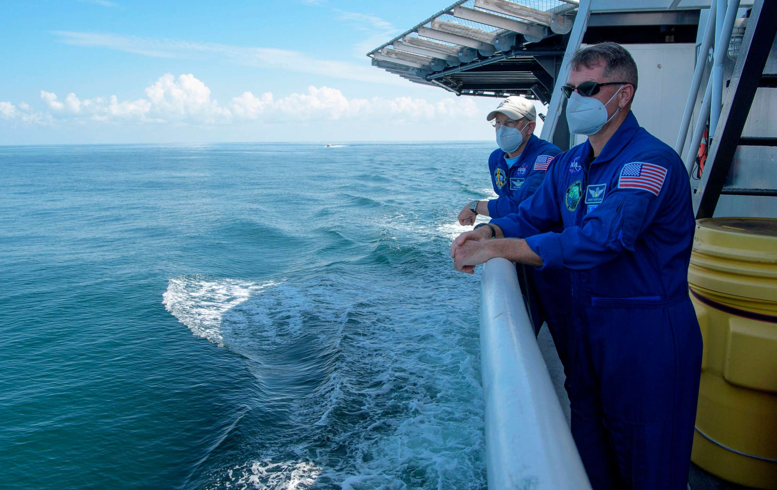 PHOTO: NASA and SpaceX support teams onboard the SpaceX GO Navigator recovery ship, prepare for the landing of the SpaceX Crew Dragon Endeavour, Aug. 2, 2020, in the Gulf of Mexico off the cost of Pensacola, Florida.