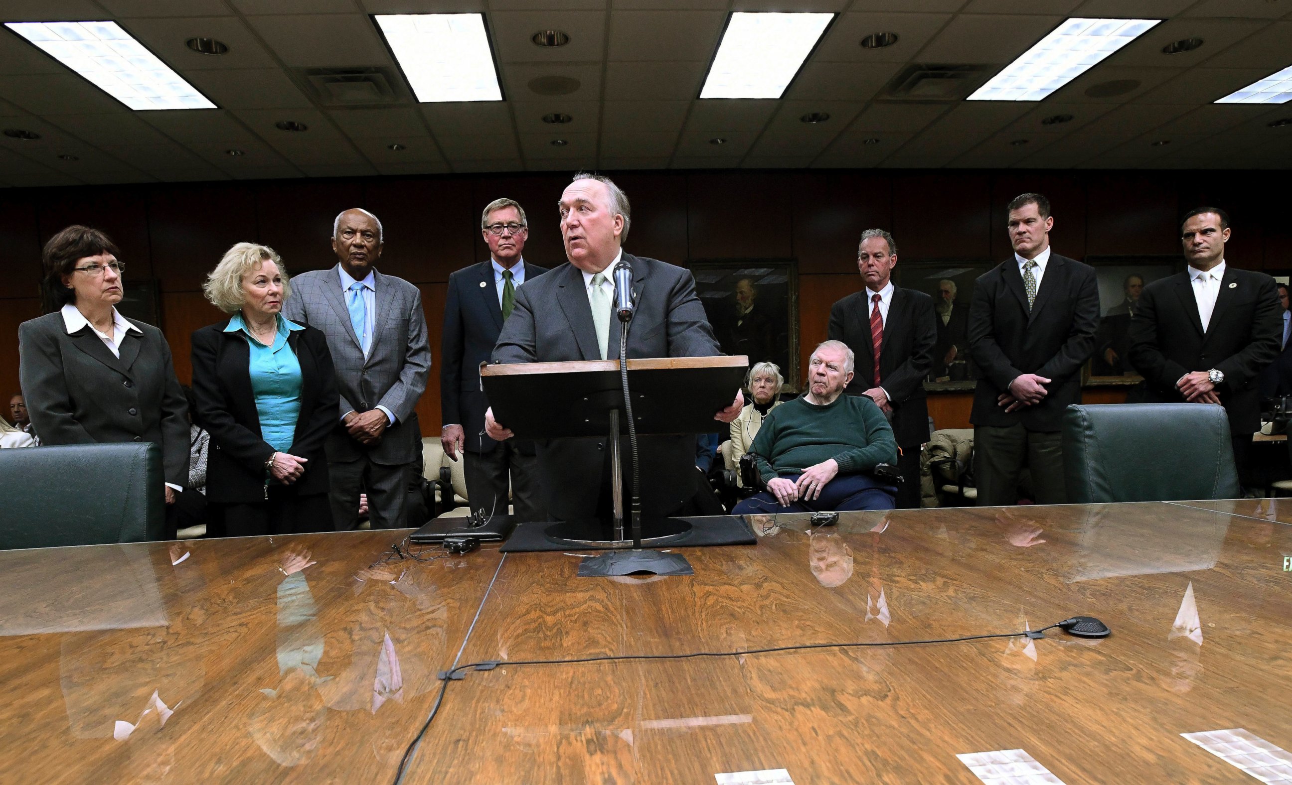 In this Jan. 31, 2018, file photo, former Gov. John Engler speaks after Michigan State's Board of Trustees met and voted to name him as their interim president in East Lansing, Mich. 