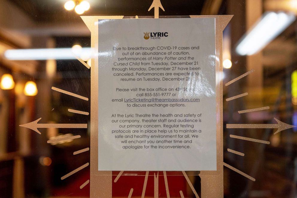 PHOTO: A sign indicating canceled performances for "Harry Potter and The Cursed Child" is displayed at the entrance to the the Lyric Theatre in New York, Dec. 21, 2021.