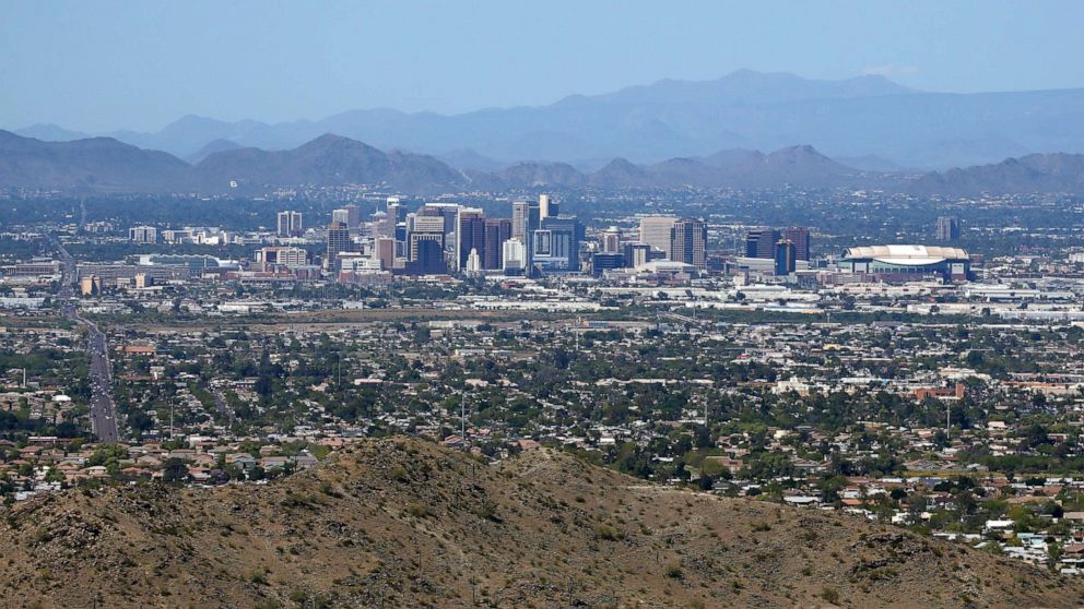 PHOTO: A photo show a general view of the downtown Phoenix skyline, April 7, 2020.