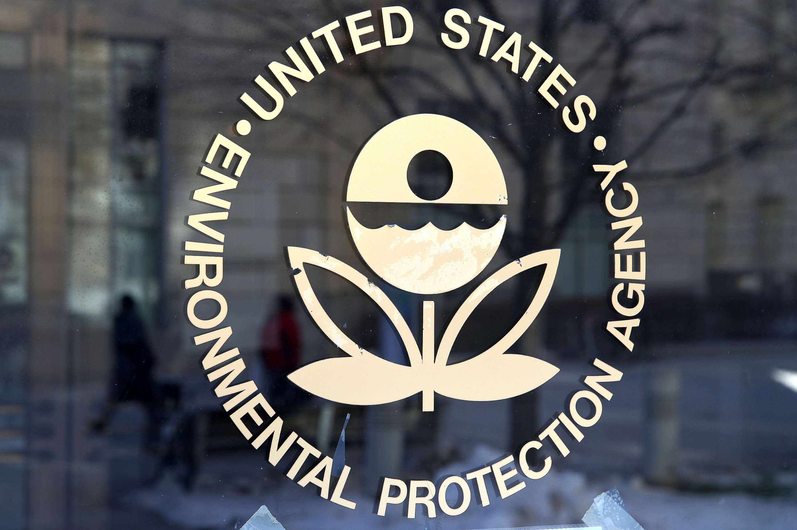 PHOTO: The U.S. Environmental Protection Agency's (EPA) logo is displayed on a door at its headquarters, March 16, 2017, in Washington, DC.