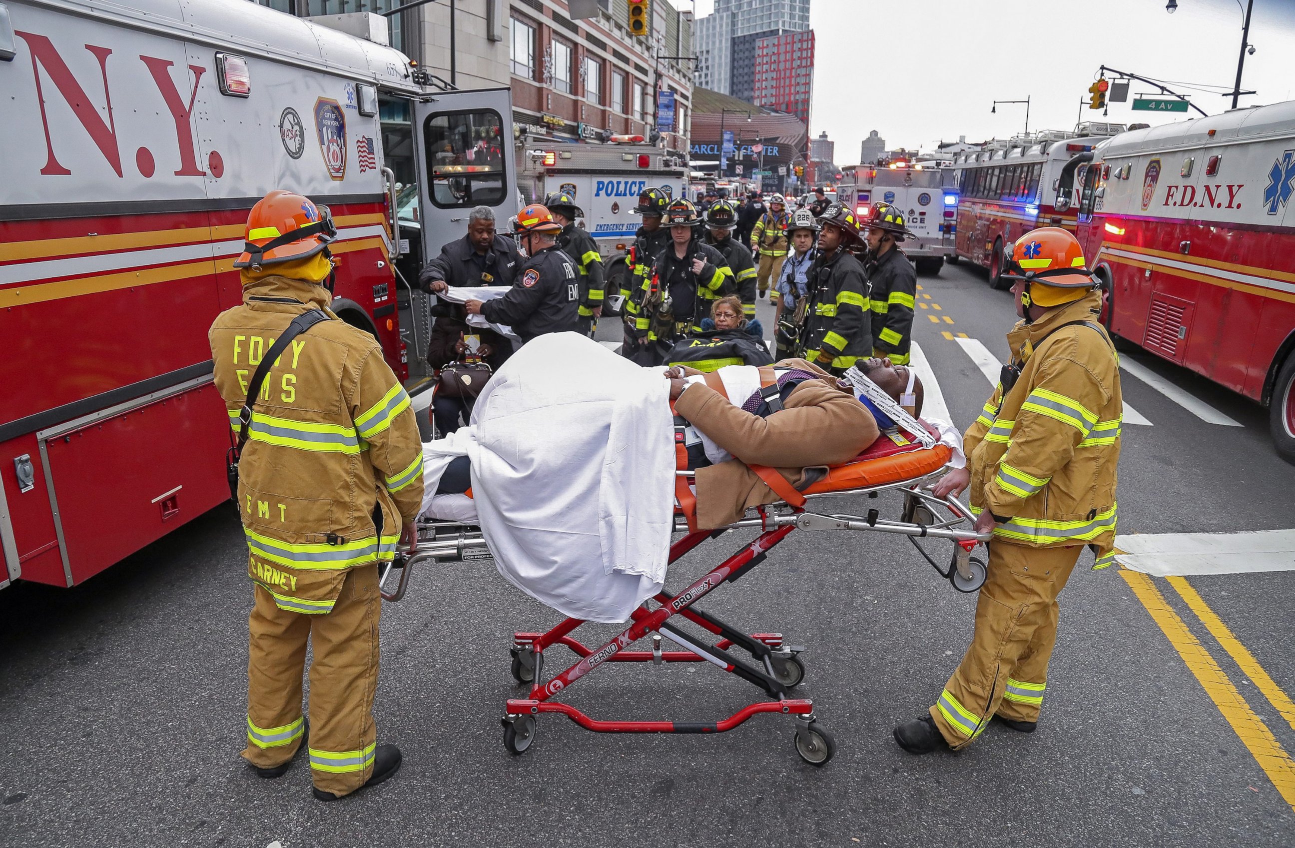 PHOTO: New York City Fire Department personnel treat injured passengers after an accident involving a Long Island Rail Road commuter train at the Atlantic Terminal Station in Brooklyn, New York, Jan. 4, 2017. 