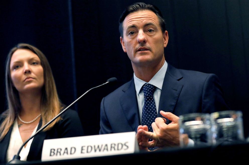 PHOTO: Courtney Wild looks on as attorney Brad Edwards speaks at a news conference regarding financier Jeffrey Epstein's sex trafficking case in New York, July 16, 2019. 