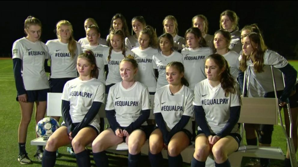 PHOTO: Players from the girls' soccer team at Burlington High School in Vermont were given yellow cards for unsportsmanlike conduct after their #EqualPay jersey caused an excessive celebration on the field and in the crows.