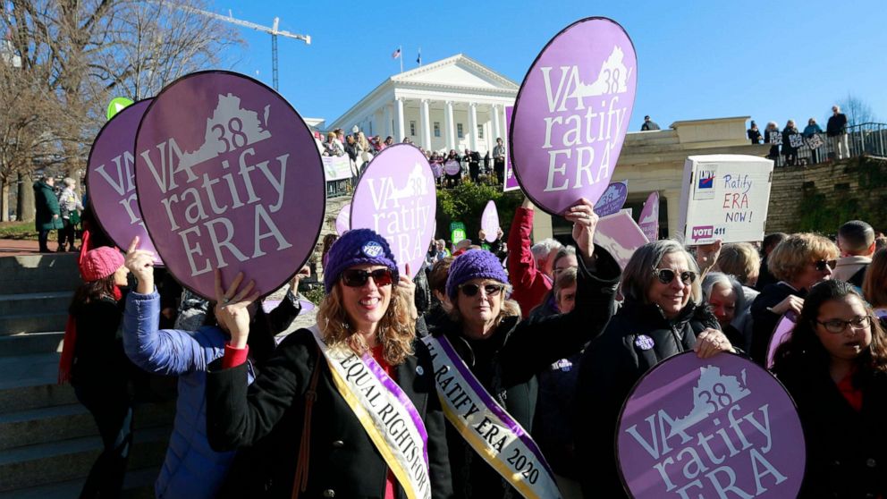 PHOTO: Equal Rights Amendment supporters demonstrate outside Virginia State Capitol in Richmond, Va., Jan. 8, 2020. 