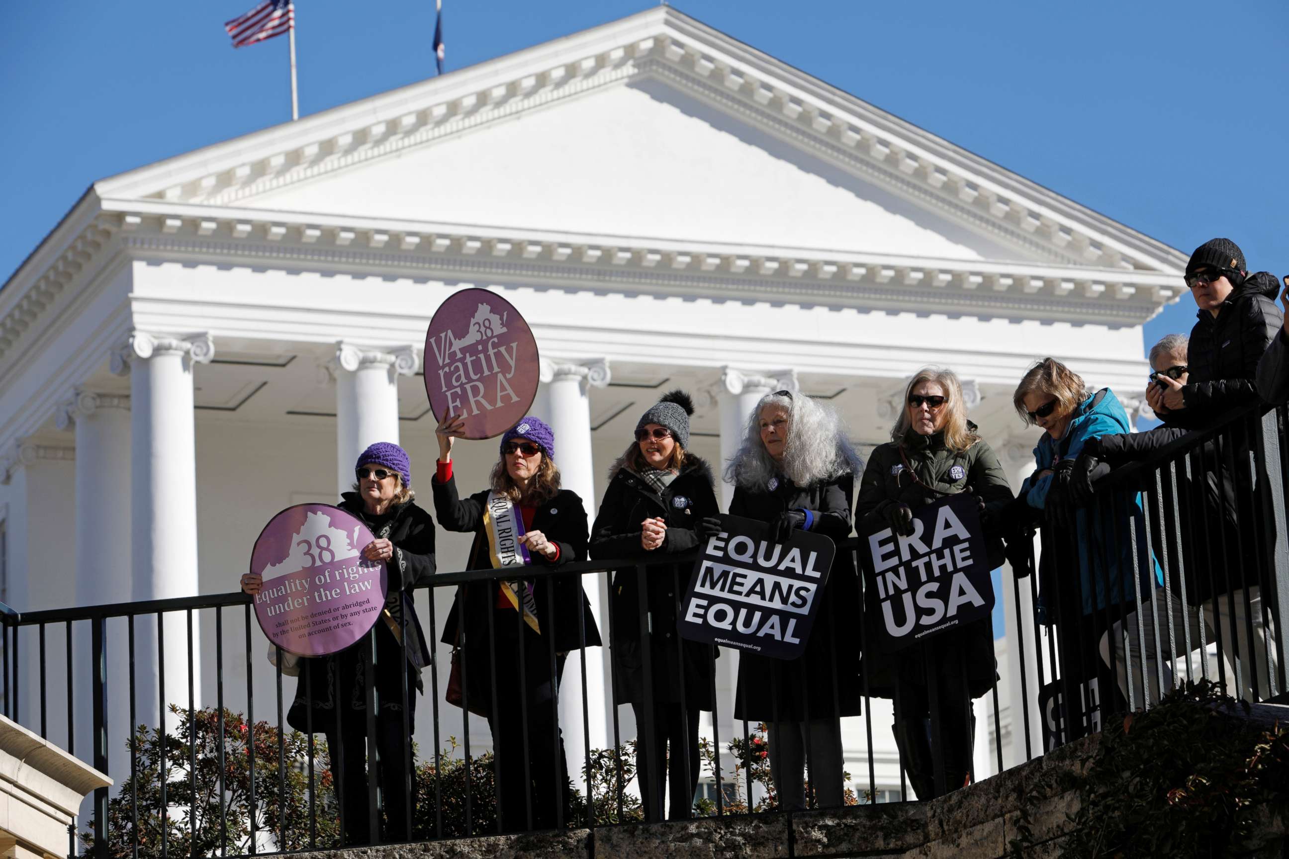 PHOTO: Activists call for Virginia's adoption of the Equal Rights Amendment gather outside the Virginia State Capitol building as the General Assembly prepares to convene in Richmond, Va., Jan. 8, 2020.
