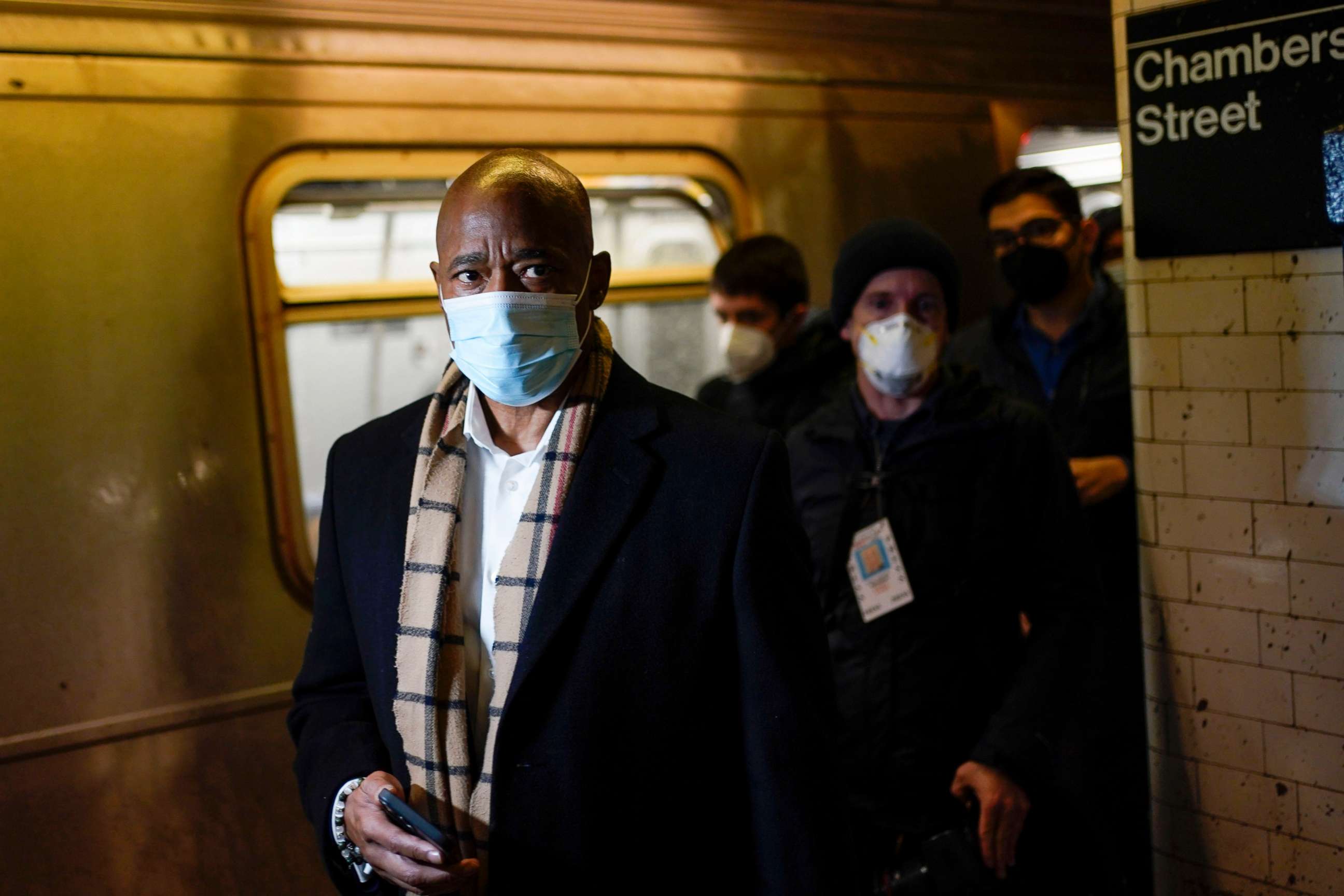 PHOTO: New York Mayor Eric Adams rides the subway to City Hall on his first day in office in New York, Jan. 1, 2022.