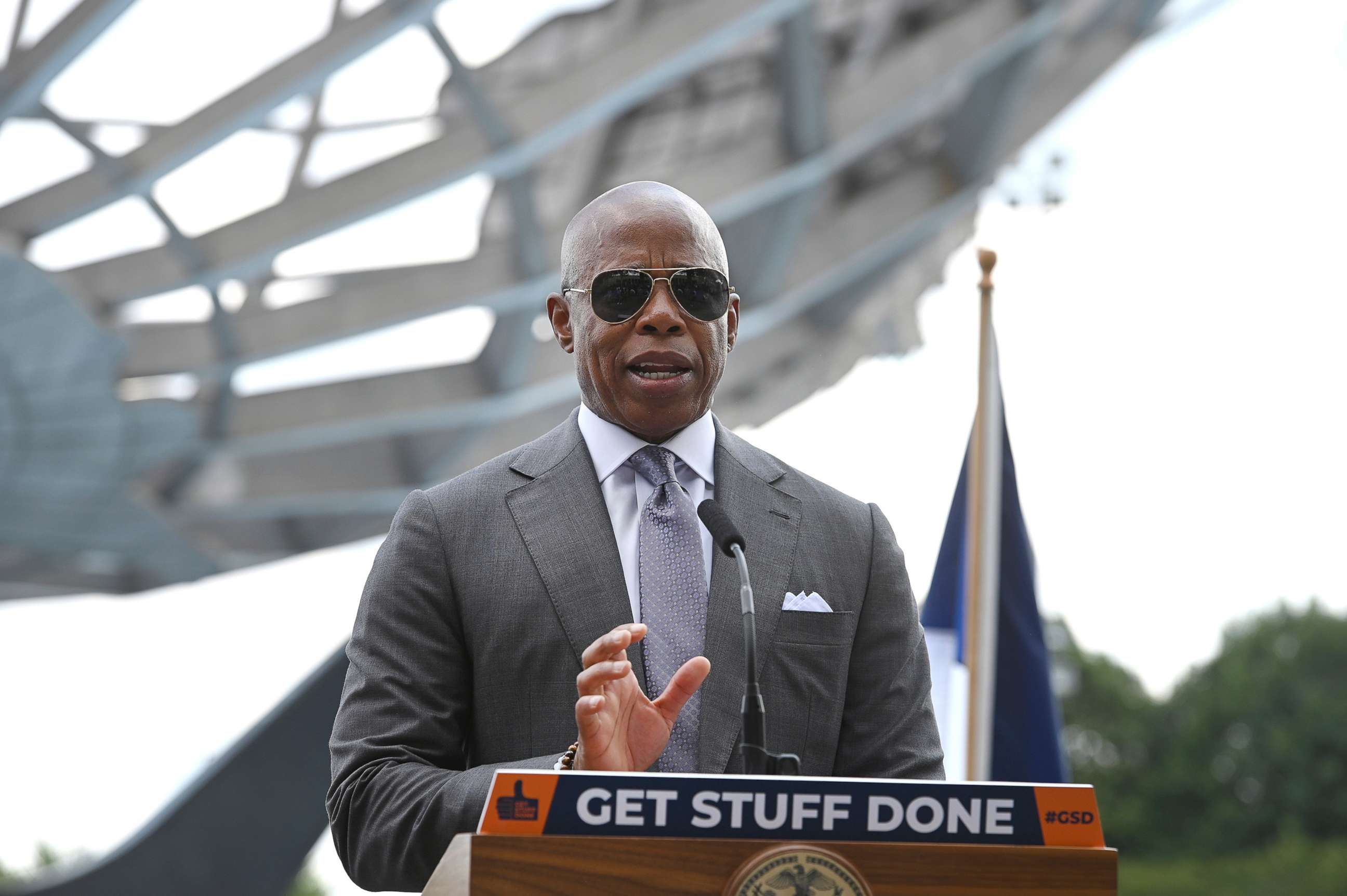 PHOTO: New York City Mayor Eric Adams speaks to the issue of asylum seekers sent from Texas to New York during a press conference held in Flushing Meadows Corona Park in the Queens borough of New York City, N.Y., Aug. 8, 2022.