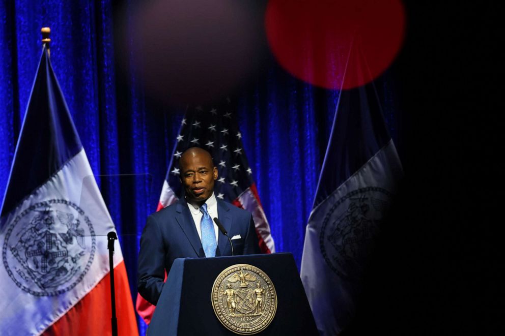 PHOTO: New York City Mayor Eric Adams gives a speech, April 26, 2022 in New York City.