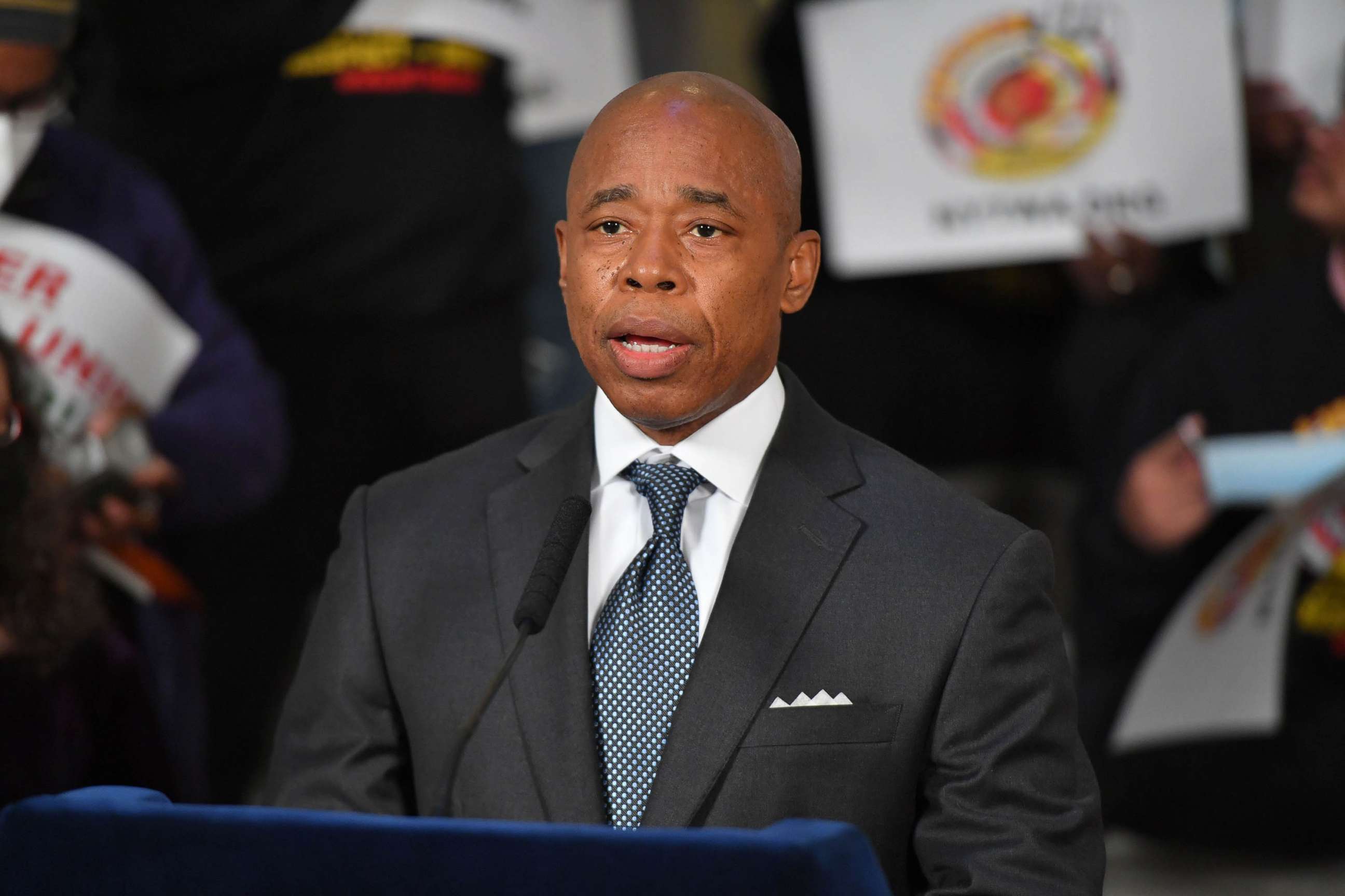 PHOTO: New York City Mayor Eric Adams hold a press conference at City Hall to announce raises for essential workers, Feb. 11, 2022, in New York.