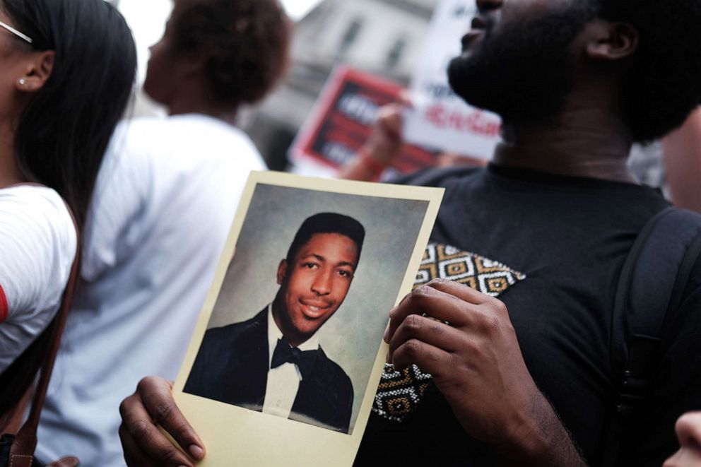 PHOTO: People participate in a protest to mark the five year anniversary of the death of Eric Garner during a confrontation with a police officer, July 17, 2019, in New York City.