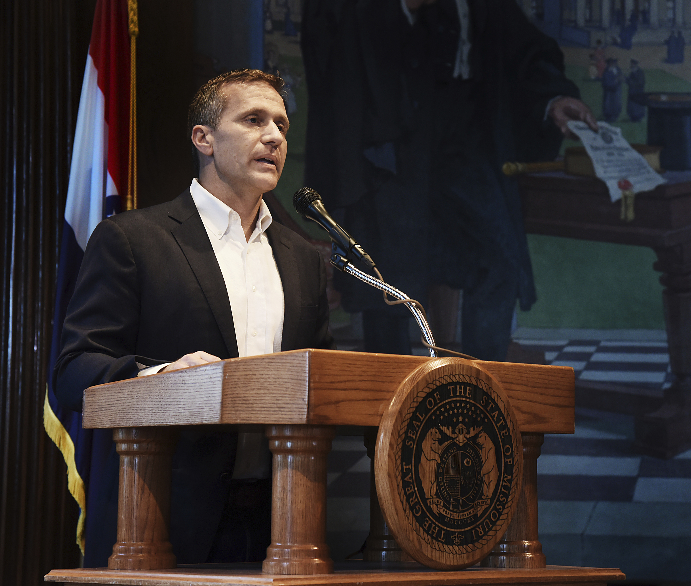 PHOTO: Missouri Gov. Eric Greitens reads from a prepared statement as he announces his resignation during a news conference, May 29, 2018, at the state Capitol, in Jefferson City, Mo.