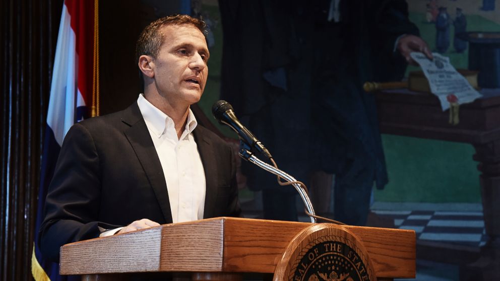 PHOTO: Missouri Gov. Eric Greitens reads from a prepared statement as he announces his resignation during a news conference, May 29, 2018, at the state Capitol, in Jefferson City, Mo.