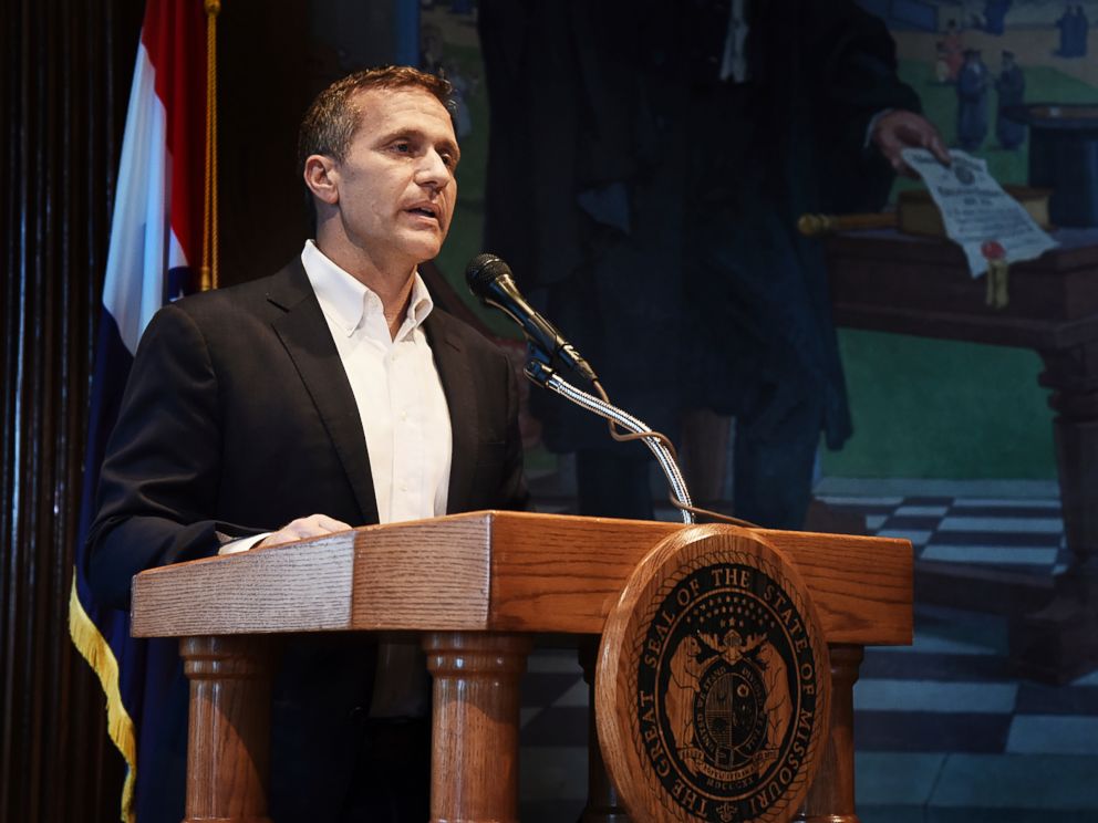 PHOTO: Missouri Gov. Eric Greitens reads from a prepared statement as he announces his resignation during a news conference, May 29, 2018, at the state Capitol, in Jefferson City, Mo.