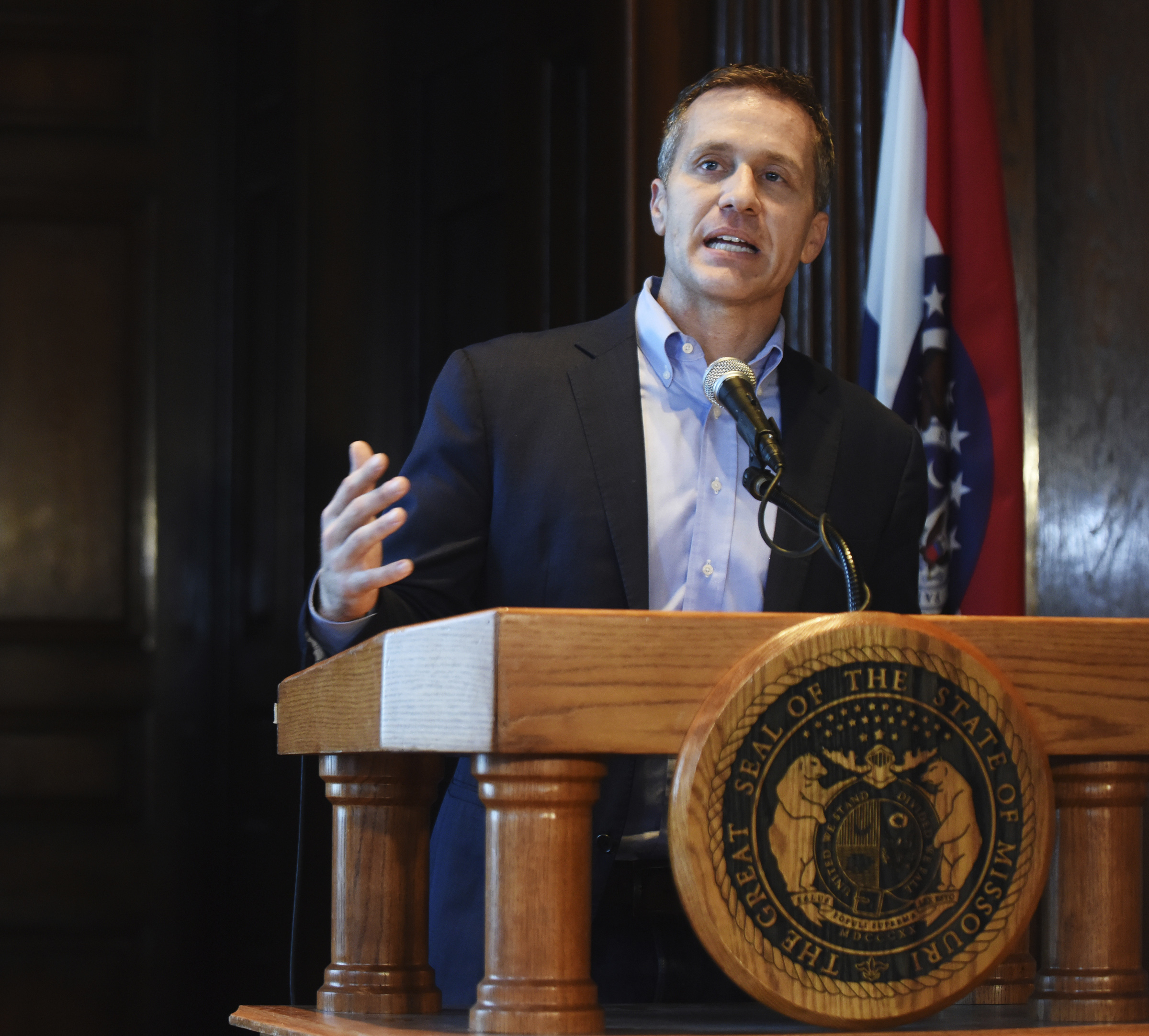PHOTO: Missouri Gov. Eric Greitens speaks at a news conference in Jefferson City, Mo., April 11, 2018, about allegations related to an extramarital affair with his hairdresser.