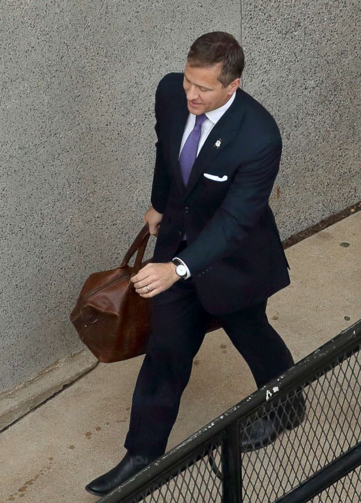 PHOTO: Missouri Gov. Eric Greitens arrives at court in St. Louis for the first day of jury selection in his felony invasion of privacy trial, May 10, 2018.