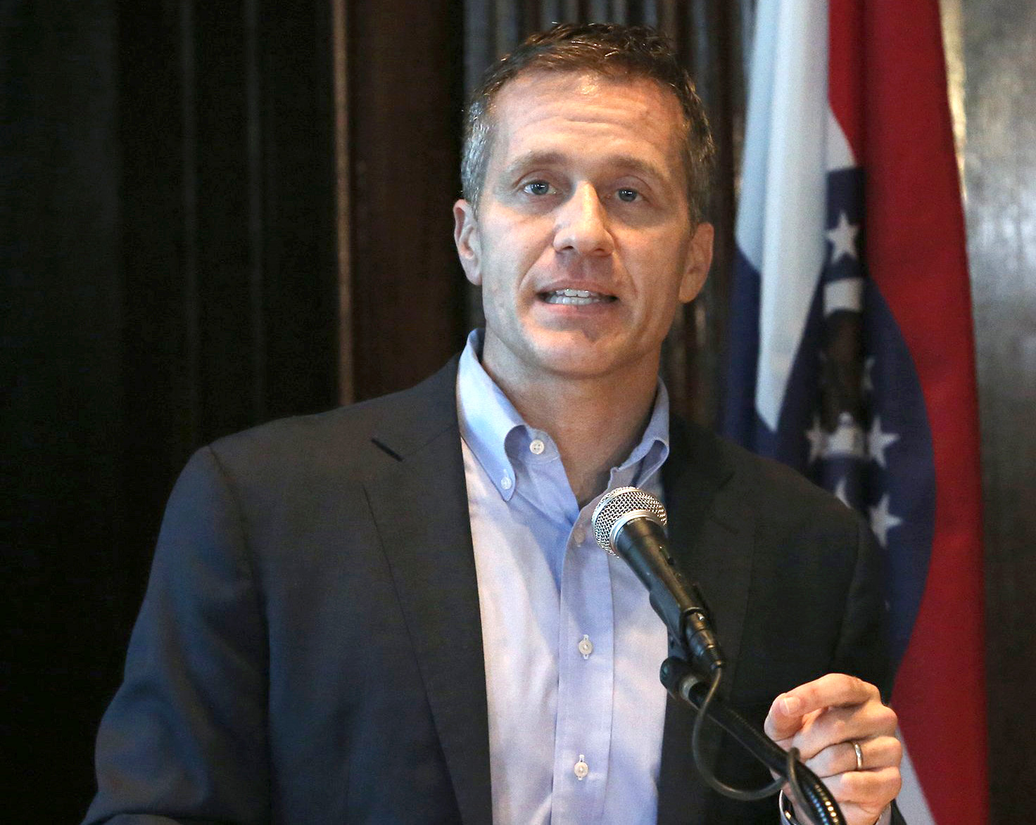 PHOTO: Gov. Eric Greitens spoke at a news conference about a report that was about to come out concerning his affair in 2015, April 11, 2018, Jefferson City, Mo.