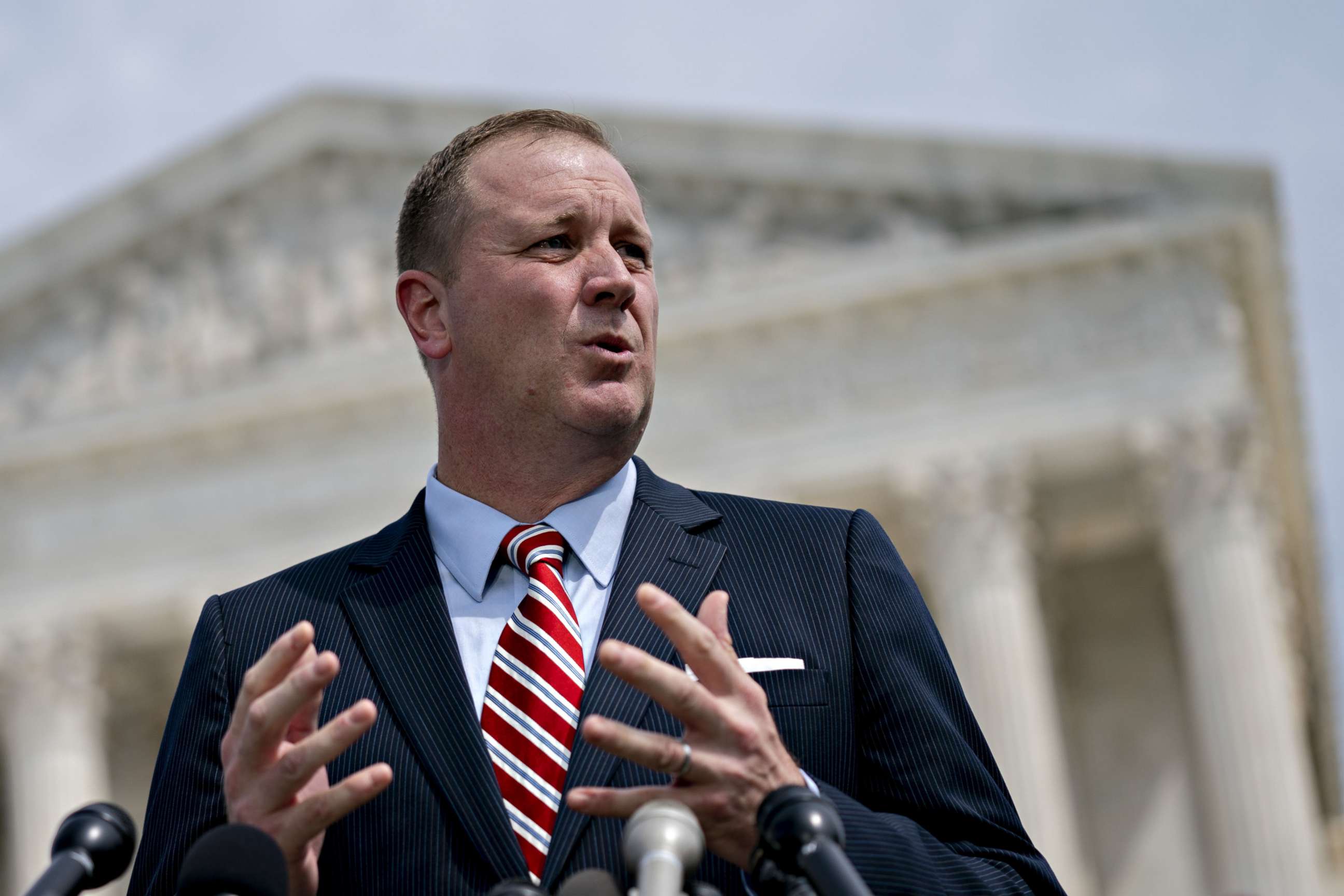 PHOTO: Eric Schmitt, Missouri attorney general, speaks during a news conference outside the Supreme Court in Washington, Sept. 9, 2019.