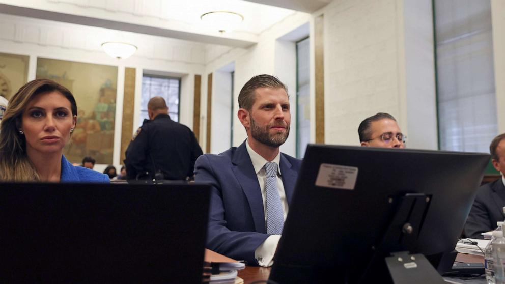 PHOTO: Eric Trump, center, appears at the fraud trial for his father, former President Donald Trump, at New York Supreme Court, Nov. 2, 2023.