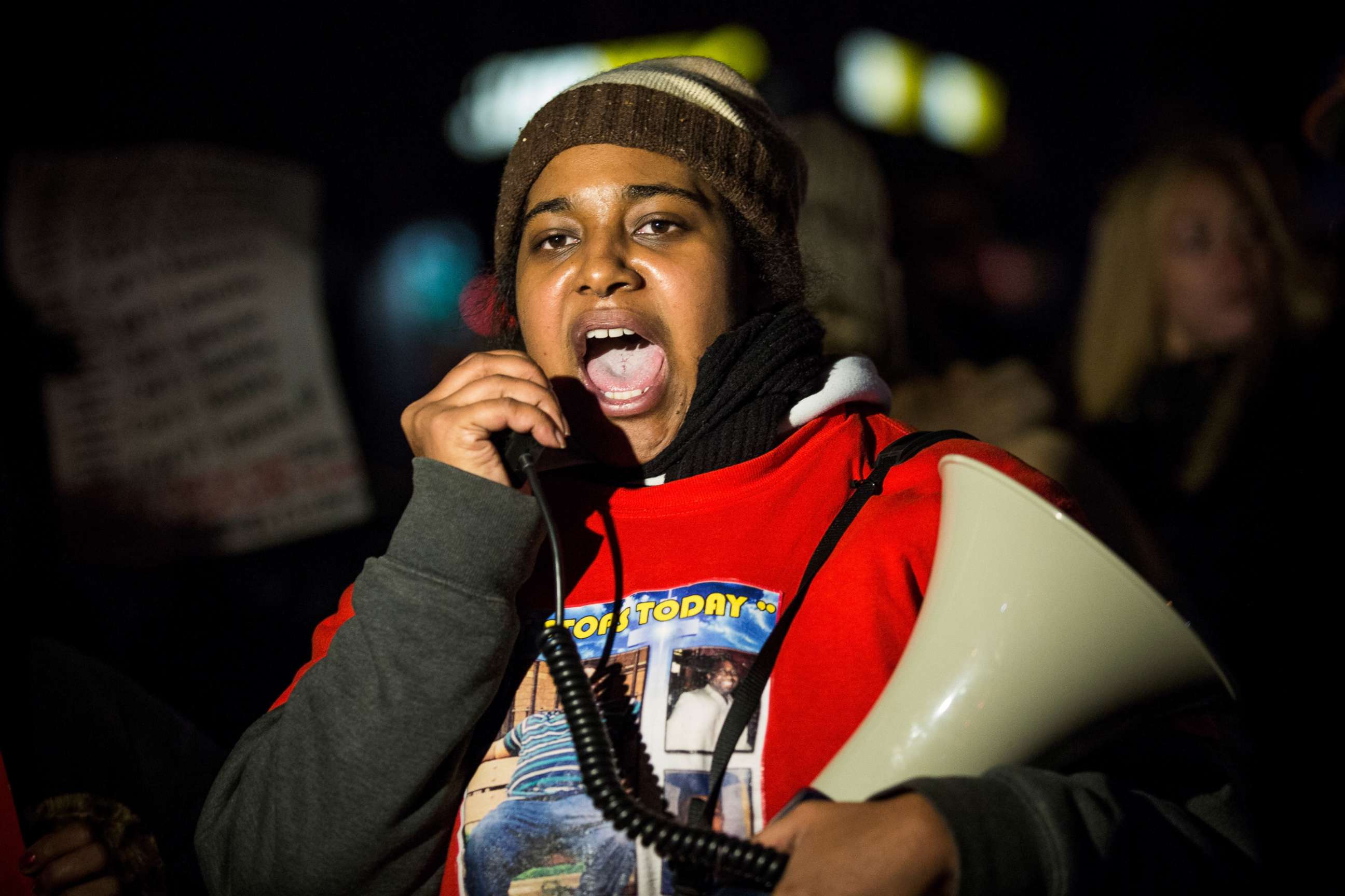 PHOTO: Erica Garner leads a march of people protesting the Staten Island, New York grand jury's decision not to indict a police officer involved in the choke-hold death of her father Eric Garner in July, on Dec. 11, 2014.