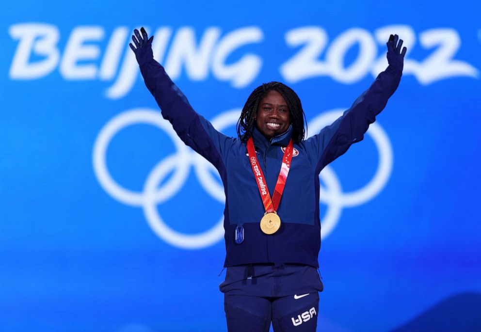 PHOTO: Gold medalist Erin Jackson of Team United States celebrates during the Women's 500m medal ceremony at the Beijing 2022 Winter Olympics on Feb. 14, 2022, in Beijing.