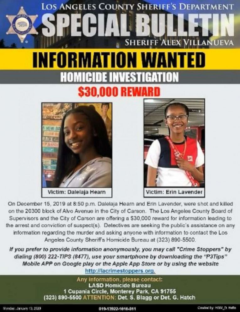 PHOTO: Erin Lavender, 19, and Dalelaja Hearn, 17, were shot dead in Carson, Calif.,  Dec. 15, 2019. Police are asking the public to help find their killers.