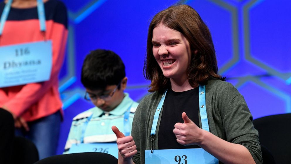 PHOTO: Erin Howard, a 14-year-old from Huntsville, Alabama, spelled "erysipelas" to be the second winner in the 91st annual Scripps National Spelling Bee on Thursday, May 30, 2019.
