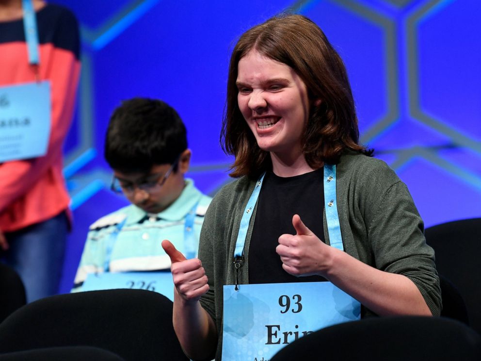 PHOTO: Erin Howard, a 14-year-old from Huntsville, Alabama, spelled erysipelas to be the second winner in the 91st annual Scripps National Spelling Bee on Thursday, May 30, 2019.
