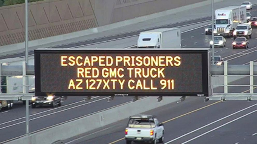 PHOTO: This photo from an Arizona Department of Transportation remote camera shows a digital sign over Interstate 10 in the Phoenix metropolitan area that seeks the public's help in locating escaped murder suspects,Wednesday, Aug. 28, 2019.