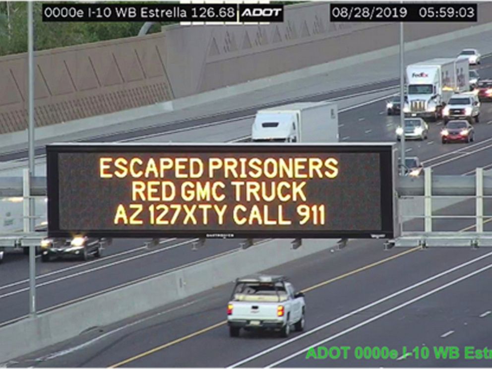 PHOTO: This photo from an Arizona Department of Transportation remote camera shows a digital sign over Interstate 10 in the Phoenix metropolitan area that seeks the publics help in locating escaped murder suspects,Wednesday, Aug. 28, 2019.