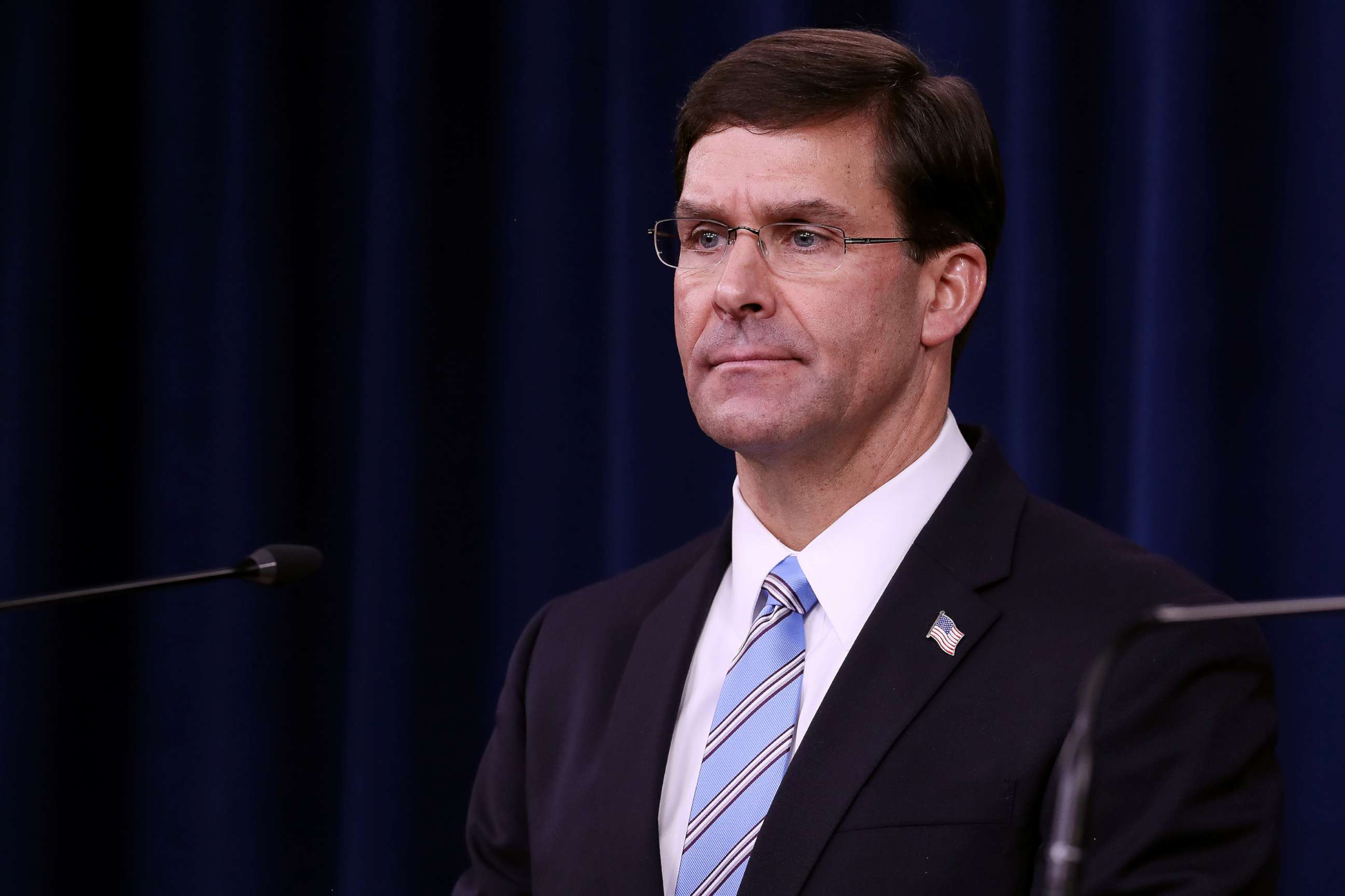 PHOTO: U.S. Defense Secretary Mark Esper holds a news conference at the Pentagon the day after it was announced that Abu Bakr al-Baghdadi was killed in a U.S. raid in Syria Oct. 28, 2019, in Arlington, Va.