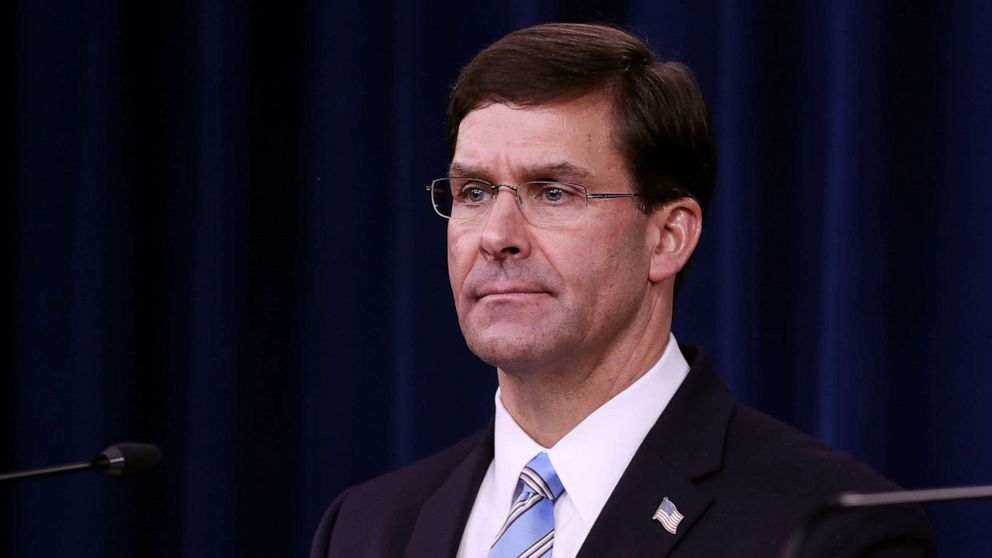 PHOTO: U.S. Defense Secretary Mark Esper holds a news conference at the Pentagon the day after it was announced that Abu Bakr al-Baghdadi was killed in a U.S. raid in Syria Oct. 28, 2019, in Arlington, Va.