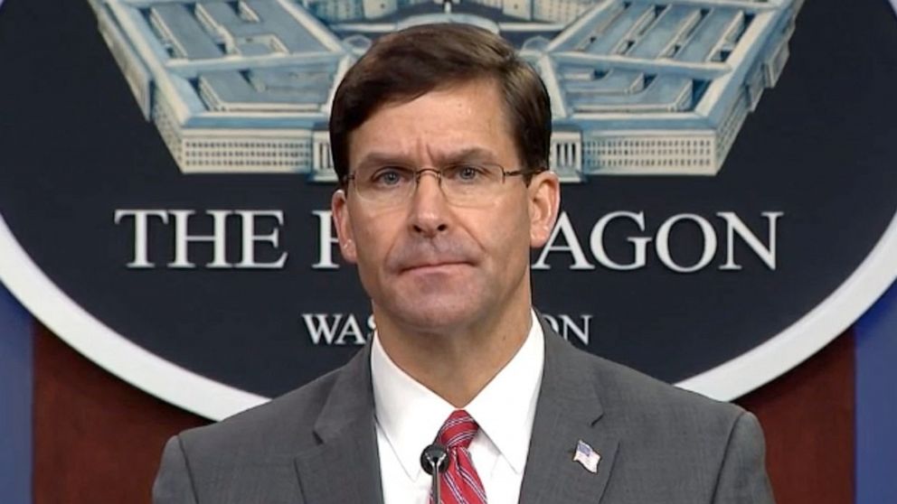 PHOTO: Defense Secretary Mark Esper gives aa press conference at the Pentagon, June 3, 2020, in Arlington, Va.