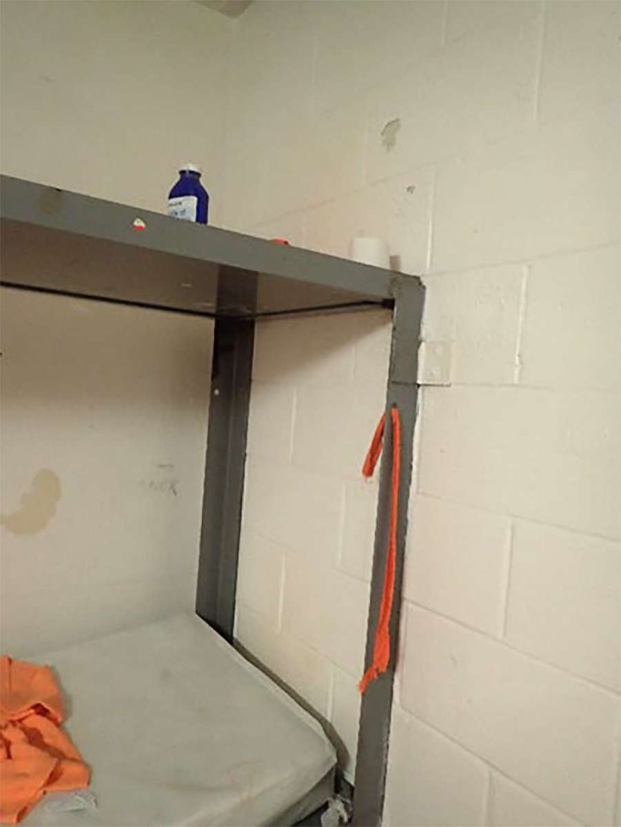 PHOTO: A piece of orange cloth hangs from the bed of Jeffrey Epstein's prison cell after his death, Aug. 10, 2019, in a photo released by the Department of Justice.