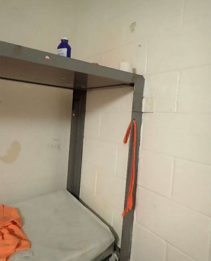 PHOTO: A piece of orange cloth hangs from Jeffrey Epstein's prison cell bed after his death on Aug. 10, 2019, in a photo released by the Justice Department.