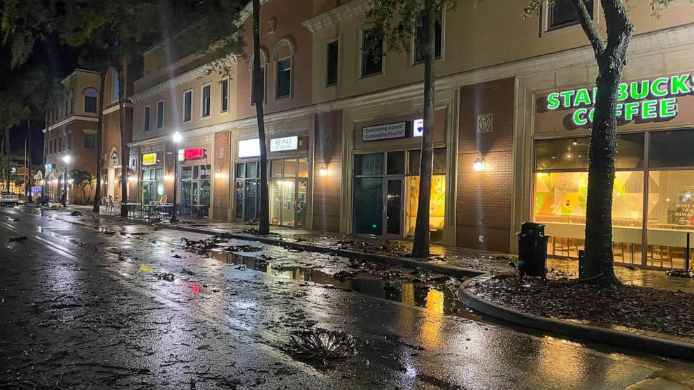 PHOTO: Small pieces of debris are in the downtown area of Safety Harbor, Fla., Nov. 11, 2020, as Tropical Storm Eta nears the area.