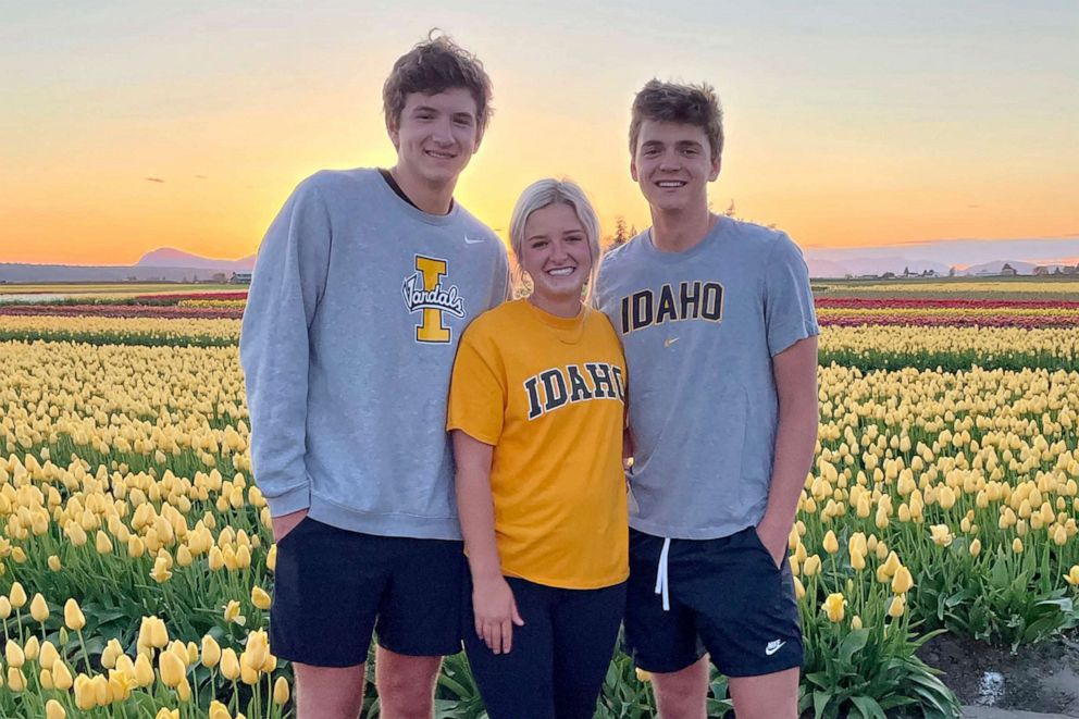 PHOTO: Triplets Ethan, Maizie and Hunter Chapin pose in front of a tulip field in La Conner, Wash., in family photo taken in April of 2021.