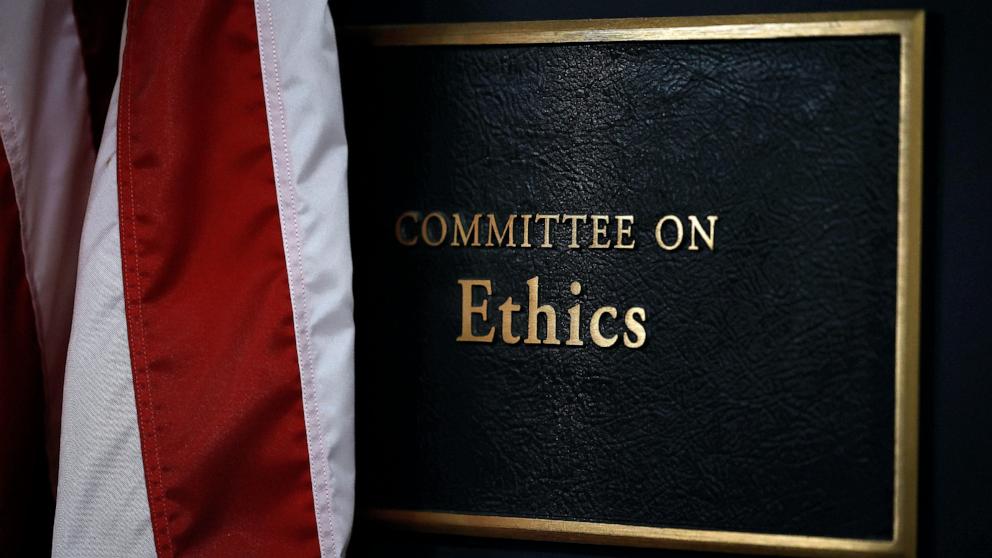 PHOTO: The sign for the House Committee on Ethics is seen outside of their office in the Longworth House Office Building, Nov. 20, 2024, in Washington.