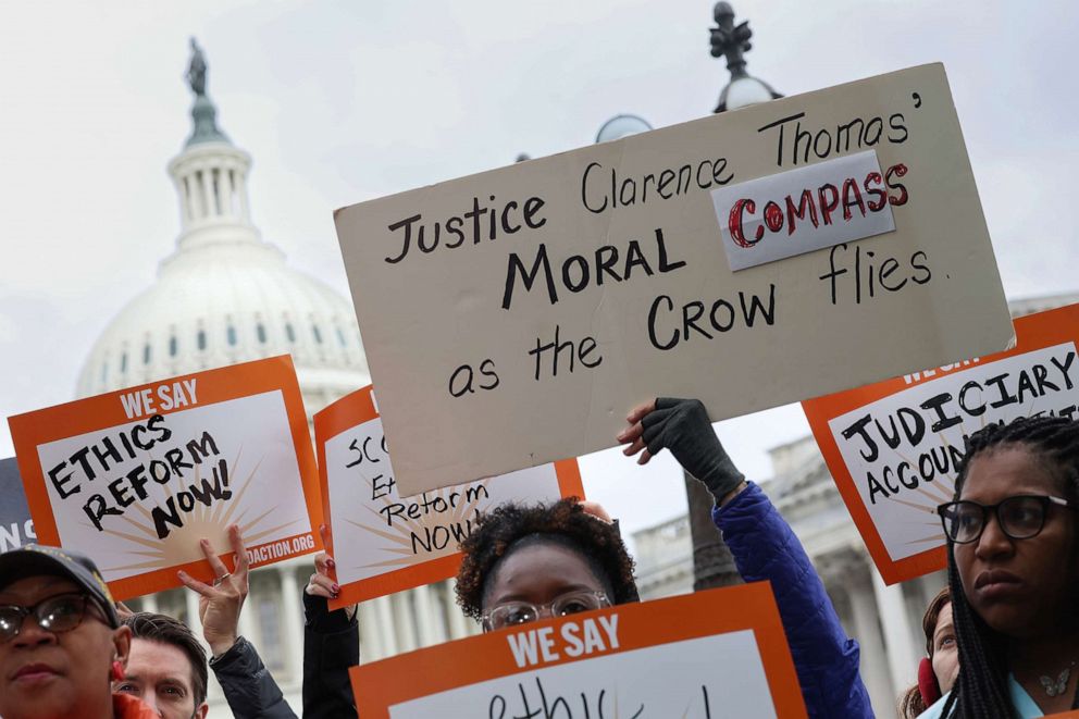 PHOTO: Activists attend a press conference on Supreme Court ethics reform outside of the U.S. Capitol, May 2, 2023, in Washington, D.C.