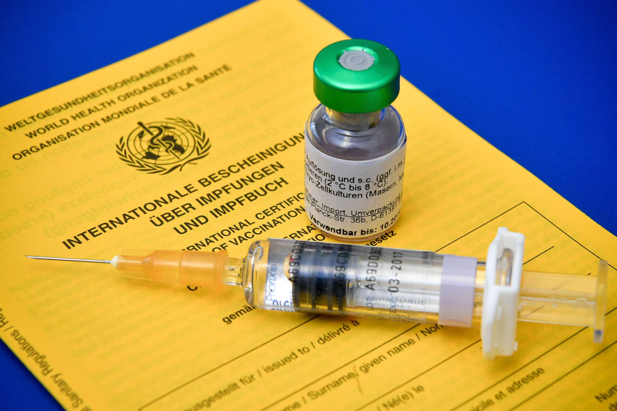PHOTO: In this file photo, a measles vaccine is shown on a vaccination book on display in a hospital in Schwelm, Germany, on April 17, 2019.